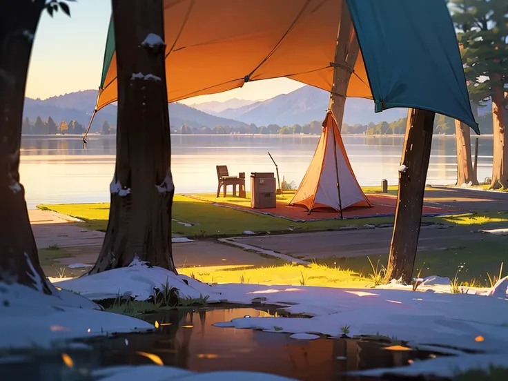 Campsite, By the lake, winter, morning glow, The tent２One