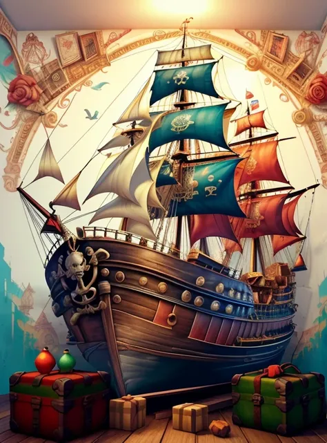 (cute pirate ship with treasure trunk and parrot) stylized identical to 1940 |)), acolchoamento ,multidimensional geometric wall PORTRAIT, arte, Chibi,
Yang016K, lindo,(( cor vermelha predominante, rosa e branco))
Primary works, qualidade superior, melhor ...