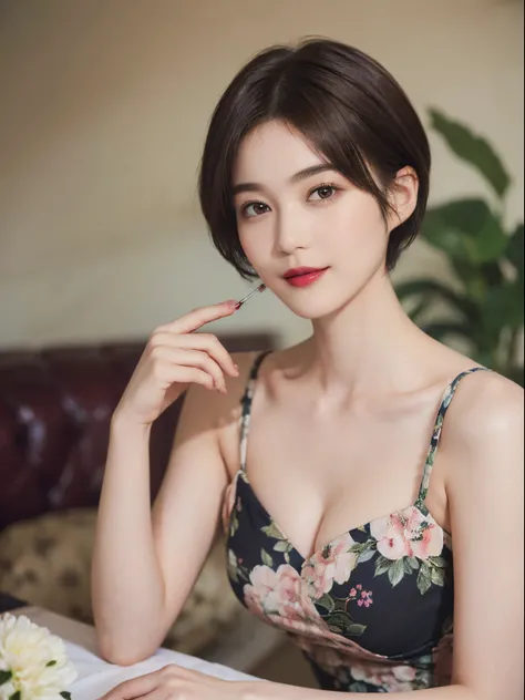 129
(a 20 yo woman, Standing), (A hyper-realistic), (high-level image quality), ((beautiful hairstyle 46)), ((short-hair:1.46)), (Gentle smile), (breasted:1.1), (lipsticks), (Large room), (florals), (Painterly)