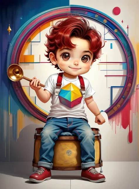 (cute baby boy smiling with jeans playing drums) stylized identical to 1940 |)), acolchoamento ,multidimensional geometric wall PORTRAIT, arte, Chibi,
Yang016K, lindo,(( cor vermelha predominante, rosa e branco))
Primary works, qualidade superior, melhor q...