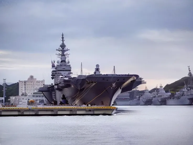 Fide ship docked in port，There  a pier，The background  a city, aircraft carriers, illustrious, aircraft carrier scene, on aircraft carrier, kilo wind and paul robertson, Yamato, Kilo wind, warships, photograph taken in 2 0 2 0, seen from the side, warships...