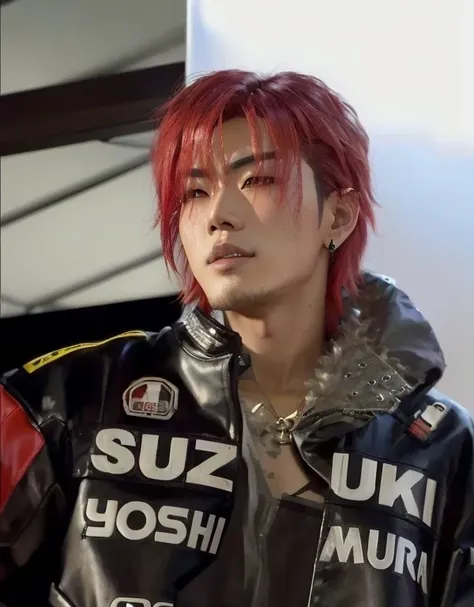 arafed asian man with red hair wearing a leather jacket, cai xukun, inspired by Yasutomo Oka, tsurumaki kazuya, masuimi max, yuuki hagure, kazuya takahashi, style of masami kurumada, wearing cyberpunk 2 0 7 7 jacket, sui ishida, style of kentaro miura!!!!