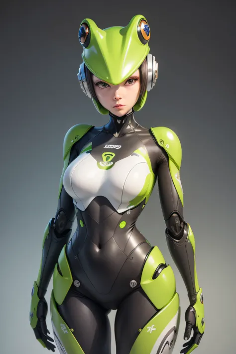 A female robot designed like a frog costume　my head is like that&#39;he wears a frog-shaped helmet.&#39;Head of., nffsw, retinas, masutepiece, ccurate, Anatomically correct, Textured skin, Super Detail, high details, High quality, Best Quality, hight resol...