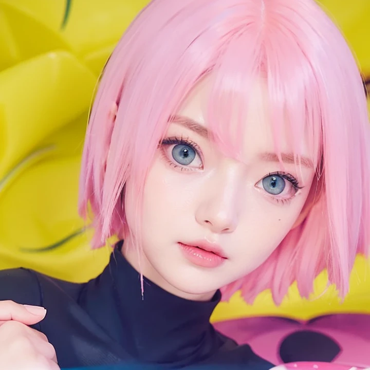 young woman, porcelain skin, short pale pink hair, pink eyebrows, jade green eyes, button nose, thick peach lips, heart-shaped face, wide forehead, black clothes, Sakura Haruno, realism, 3d