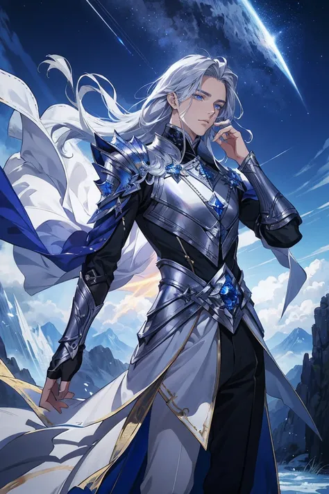 tmasterpiece，male people，the only person，（Best quality at best）， （1bo armor， long flowing silver hair，style of anime, god light,  dynamicposes，starrysky，meteors，rays of moonlight，