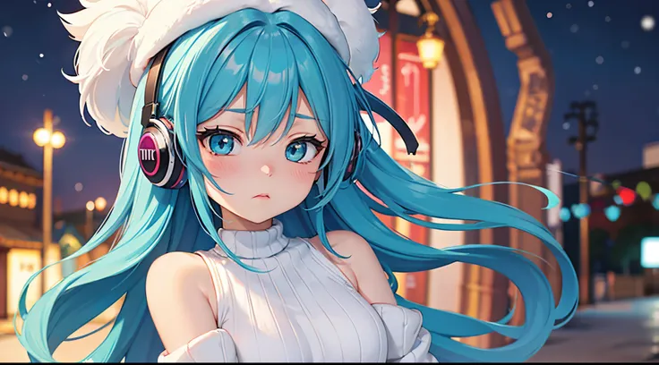 femme mermaid　Adult Beautiful Woman　lofigirl blue hair　Blue eyes　Long　dye ones cheeks red　Tsundere　Female Main　Background is blurred　Draw only the upper body　　Hair is shaggy　　White knitwear　Shoulder out　Shoulder out　Wear gloves　White knitted hat　kou　Winter...