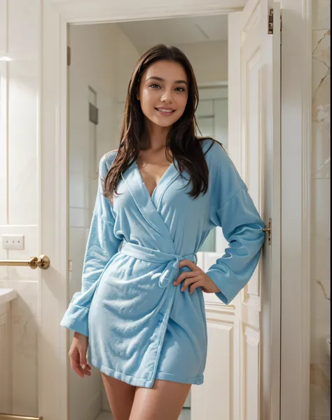 A beautiful european girl with brown eyes and wet brunette hair, wearing a light blue bath robe, stood in the doorway of a modern-style bathroom decorated in white, smiling, ultra high resolution, (photorealistic: 1.4), high resolution, (brown eyes), (fine...