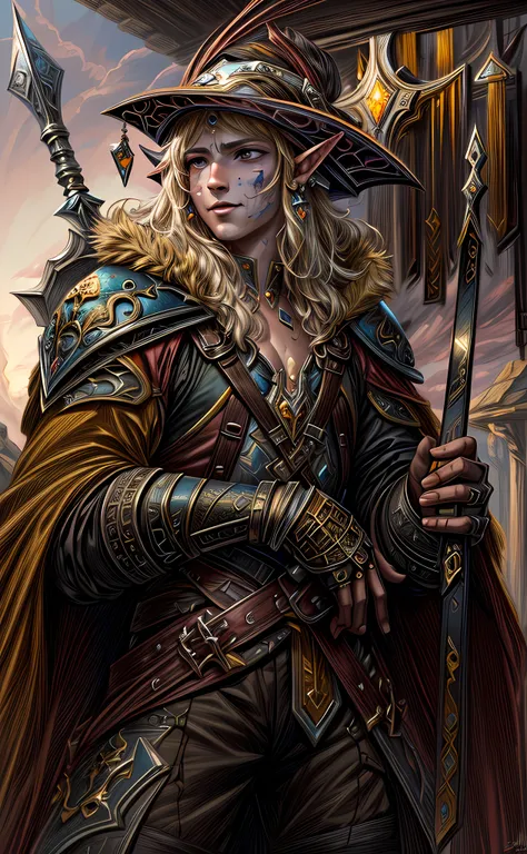 dark fantasy art, dnd art, dark RPG art, wide shot, (masterpiece:1.3), magv1ll, half elf bard in a fantasy street, full body, intense details, highly detailed, photorealistic, best quality, highres, portrait of 1(male: 1.4) half elf (fantasy art, Masterpie...