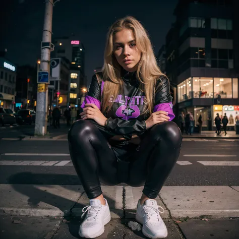 20 year Blond haired girl, semblante triste, olhos castanhos, There Skin Color Bios, jaqueta preta, black legging pants, purple sports sneakers with white. neon city, night, only 1 girl