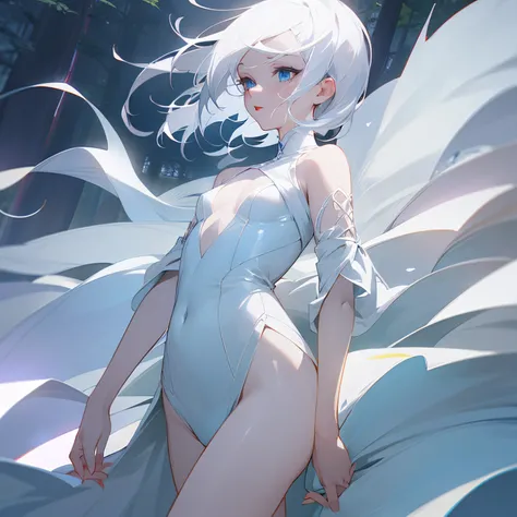 Anime style, albine woman white hair, iluminated blue eyes, ears, red lips, perfect small breasts, walking forest, very pale albine white pale body