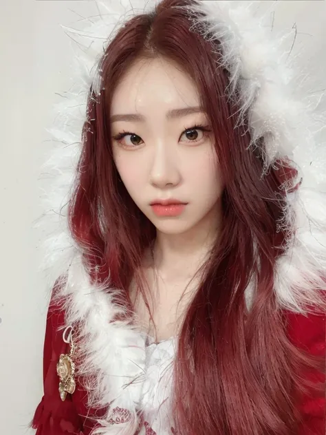 mujer con un traje rojo y blanco posando para una foto, chaeryeong itzy jaeyeon nam, heonhwa choe, jinyoung shin, terciopelo roj...