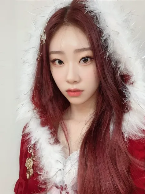 mujer con un traje rojo y blanco posando para una foto, chaeryeong itzy jaeyeon nam, heonhwa choe, jinyoung shin, terciopelo roj...