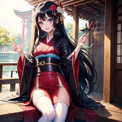 Girl with long black hair、Kimono appearance、shrines、white stockings、Blue eyes、red lipsticks、hairpin、veranda、a smile