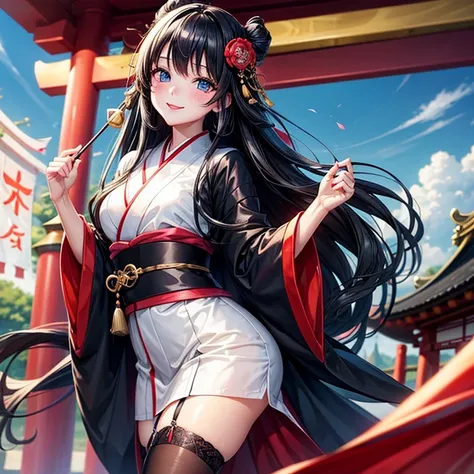 Girl with long black hair、Kimono appearance、shrines、white stockings、Blue eyes、red lipsticks、hairpin、veranda、a smile