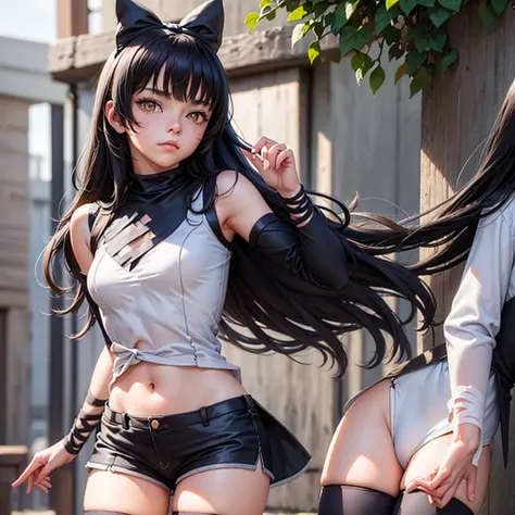 (masterpiece, best quality:1.2), cowboy shot, solo, 1girl, blake belladonna, expressionless, closed mouth, looking at viewer, black hair bow, white shirt, detached sleeve, pantyhose, legwear under shorts, country lane