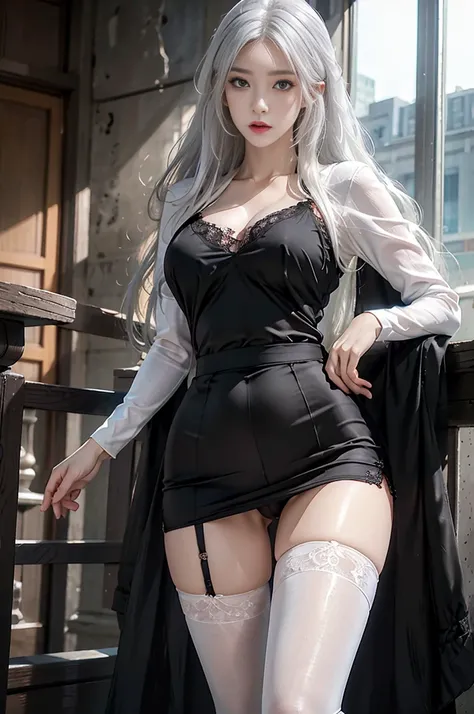 photorealistic portrait, high-res, 1 woman, bara, hips_up, Hip up, beautidul eyes, look at viewer, Lip closure, detailed face, White Hair, long-haired, black underwear, lace, garters, black pantyhose