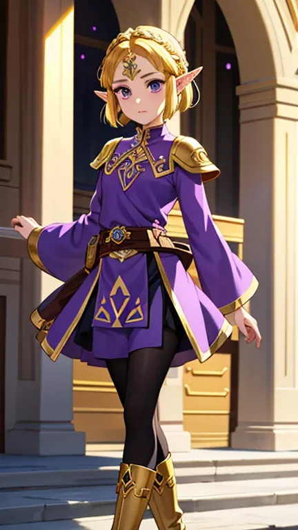 Masterpiece , solo , 1 female , princess Zelda , short hair , blonde hair , purple eyes , small elf like ears , fantasy outfit , purple and black dress , gold accents , long sleeves , high low skirt , looking at viewer , black and gold boots