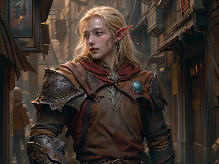 dark fantasy art, dnd art, dark RPG art, wide shot, (masterpiece:1.3), half elf bard in a fantasy street, full body, intense details, highly detailed, photorealistic, best quality, highres, portrait of 1(male: 1.4) half elf (fantasy art, Masterpiece, best ...