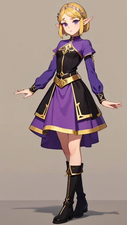 Masterpiece , solo , 1 tall female , full body ,  princess Zelda , short hair , blonde hair , purple eyes , small elf like ears , fantasy outfit , purple and black dress , gold accents , long sleeves , high low skirt , black and gold boots