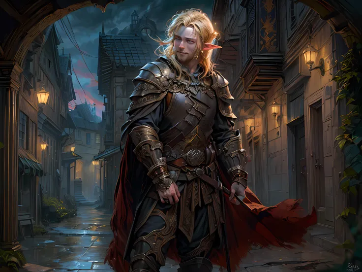 dark fantasy art, dnd art, dark RPG art, wide shot, (masterpiece:1.3), half elf bard in a fantasy street, full body, intense details, highly detailed, photorealistic, best quality, highres, portrait of 1(male: 1.4) half elf (fantasy art, Masterpiece, best ...