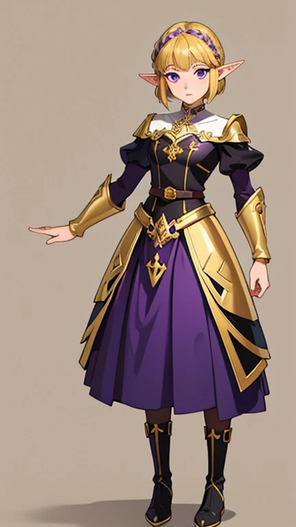 masterpiece , solo , 1 tall female , full body ,  princess zelda , short hair , blonde hair , purple eyes , small elf like ears ...