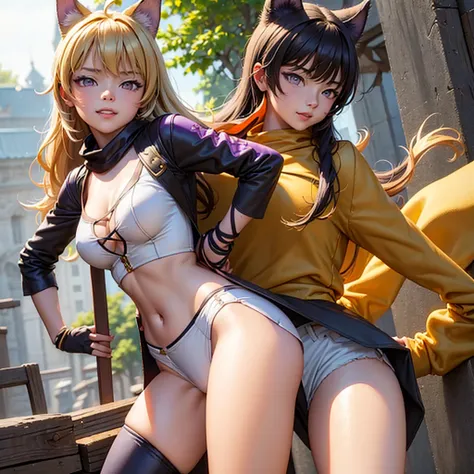 (masterpiece, best quality:1.2), cowboy shot, solo, 1girl, yang xiao long, grin, hand on hip, ahoge, purple eyes, brown jacket, yellow tube top, black shorts, black fingerless gloves, orange scarf, waist cape, midriff, cleavage, large breasts, country lane