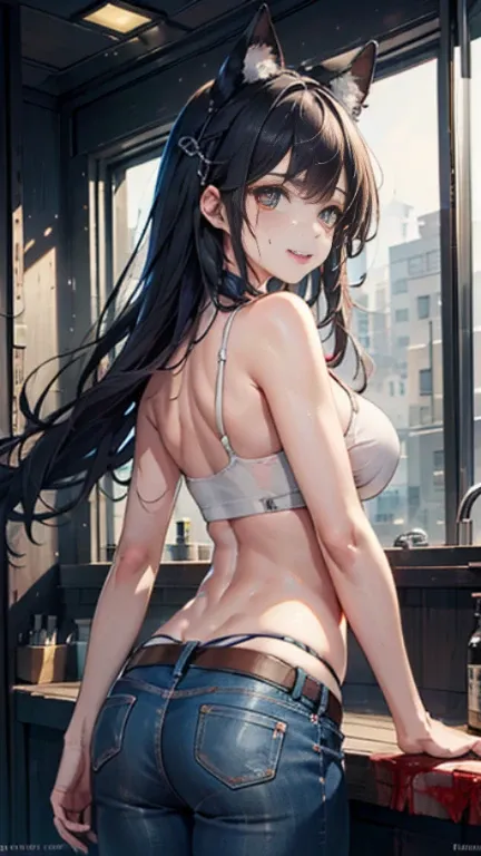 A girl whose face is stained with blood,Twin-tailed,large full breasts,big butts、Tank Tops,low rise jeans、posterior view,Looks Back,put out the tongue,torture room,murky,8K,High quality,Super Detail,super precision,Bloody,chain saw,