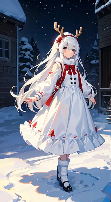 Snowflakes Gently falling snowflakes are a winter wonderland、(Full body portrait of cute silver-haired female Santa Claus)、Reindeer Horn Headband "snowscape",Anime girl in a red and white dress and reindeer antlers walks in the snow, In the snow, winter co...