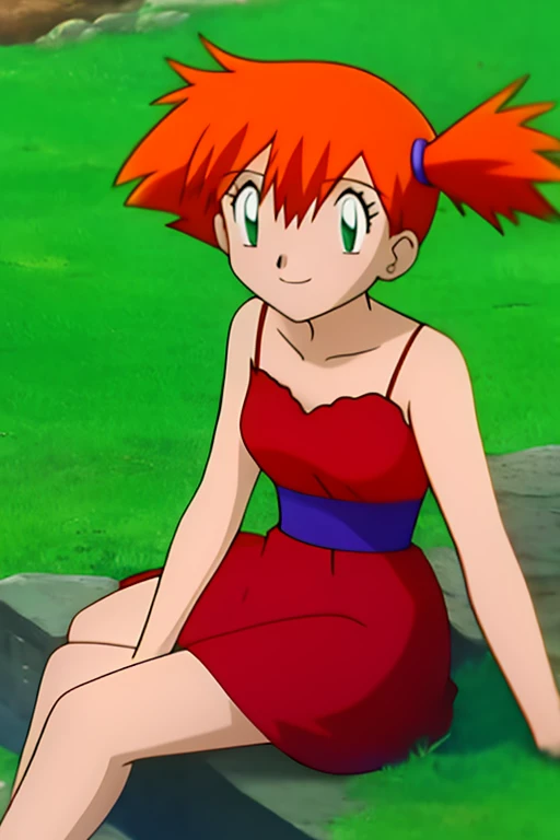 misty, 1 girl, solo, breasts, looking_at_viewer, short_hair,close_mouth, bangs, smile, outdoor, lake, hair_between_eyes, bare_shoulders, sitting, green_eyes, collarbone, small_breasts, hands_down, orange_hair, side_ponytail, bare_arms, eyelashes, shadow, r...