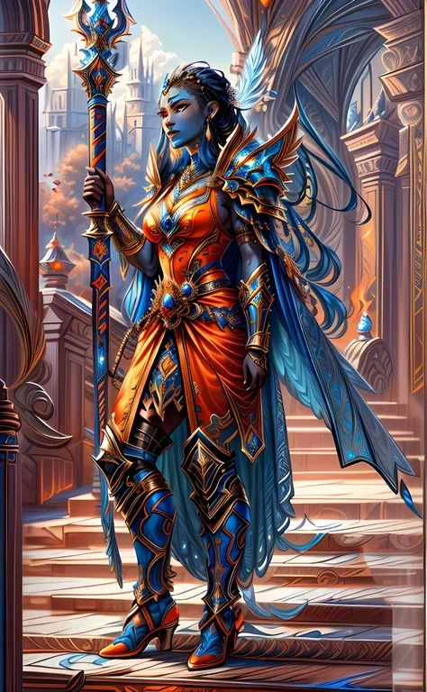 fantasy art, dnd art, RPG art, drkfntasy wide shot, (masterpiece:1.3), full body intense details, highly detailed, photorealistic, best quality, highres, portrait of a exotic race vedalken female (fantasy art, Masterpiece, best quality: 1.3) (blue colored ...