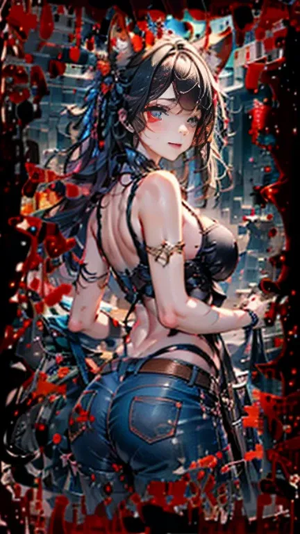 A girl whose face is stained with blood,Twin-tailed,large full breasts,Very big ass、Tank Tops,low rise jeans、posterior view,Looks Back,put out the tongue,torture room,murky,8K,High quality,Super Detail,super precision,Bloody,hanging body bag,Slasher,