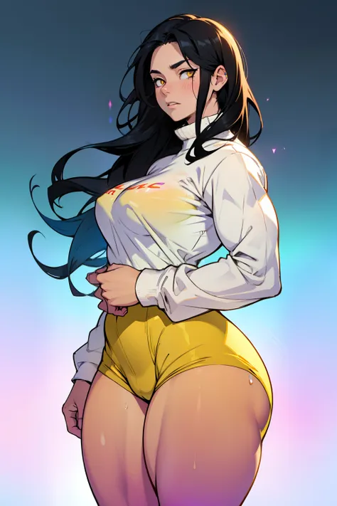 1girl solo black hair yellow eyes very long hair pale skin muscular muscular muscular muscular toned body huge muscles thick thighs girl tight clothes angry blushing messy hair tight shirt long sleeves thick thick thick thick (((gradient gradient gradient ...