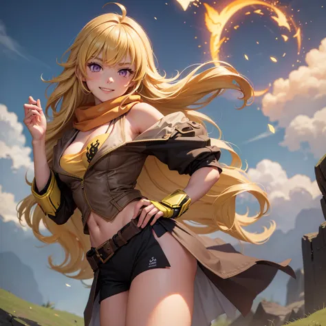 (masterpiece, best quality:1.2), cowboy shot, solo, 1girl, yang xiao long, grin, hand on hip, ahoge, purple eyes, brown jacket, yellow tube top, black shorts, black fingerless gloves, orange scarf, waist cape, midriff, cleavage, large breasts, country lane