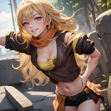 (masterpiece, best quality:1.2), cowboy shot, solo, 1girl, yang xiao long, grin, hand on hip, ahoge, purple eyes, brown jacket, ...