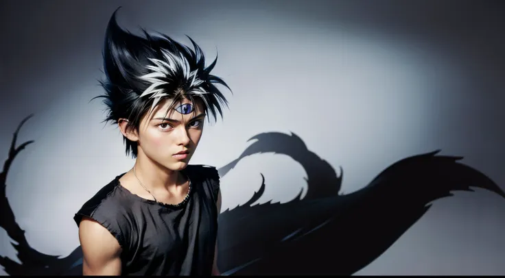 masterpiece, best quality, 1boy, hiei, black hair, white hair, spiked hair, red eyes, third eye, upper body, sleeveless, torn cl...