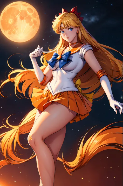 masutepiece, Best Quality, hight resolution, SV1, Sailor Senshi Uniform, Orange skirt, elbow groves, tiarra, Pleated skirt, Miniskirt, Red bow, orangechoker, White Gloves, Jewelry, Starry sky, badass pose, slight smile, Portrait, floating, Moon, Upper body