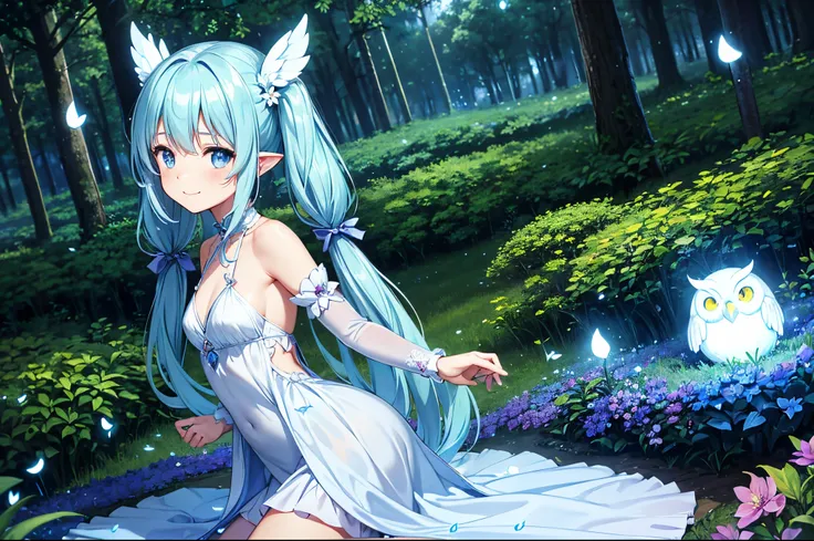 Dynamic Angle、 within a magical forest, a mystical fairy girl emerges, girl flying in the sky、Light blue long hair、Hairstyle twin tails、Adorable smile, the glow of the moonlight,  flower bloom、A pure white owl flies in the sky、Sparkling fireflies are flyin...