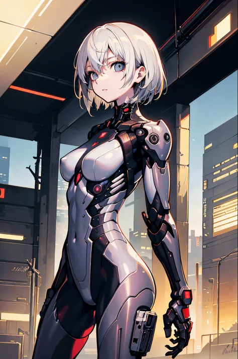 masterpiece,best quality,1girl,medium breasts,((album cover)), light on face,slim body,exoskeleton, metal gear,cyberpunk style,short white hair,signalis