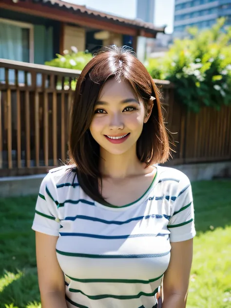 the street，Bust photo，Wear a striped short-sleeved shirt，with smile，Details at a glance，Colossal tits，Green field harmonious body example