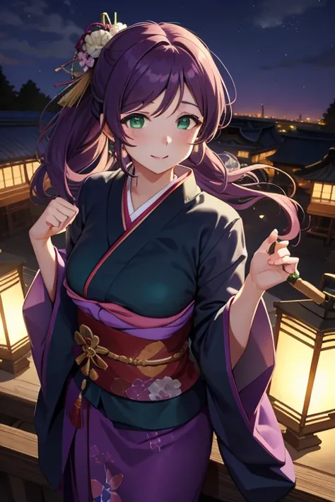 1girl in, Nozomi Tojo, (Green eyes:1.5), bat hand，Well equipped５This refers to，detailed five fingers，Purple hair, Long Straight，breasts protruding from clothes,slight smile, Looking at Viewer, POV, blush, Large breasts, Solo Focus, floating hearts,
masutep...