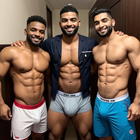 3 Doctores negros guapos, que se les vean los boxers, de pie, musculosos, que se les vean obligatoriamente la cara y que tengan un bulto grande en la entrepierna. que esten sonriendo, ojos de color grises. Que usen medical items, que usen bata