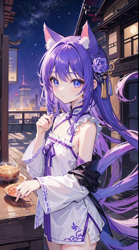 (8K、Top image quality、top-quality、​masterpiece)、1 loli、Purple hair、Twin-tailed、Cats ears、Blue eyes、glareing、Smaller chest、purple tight chinese clothes、natta、a moon、Downtown background