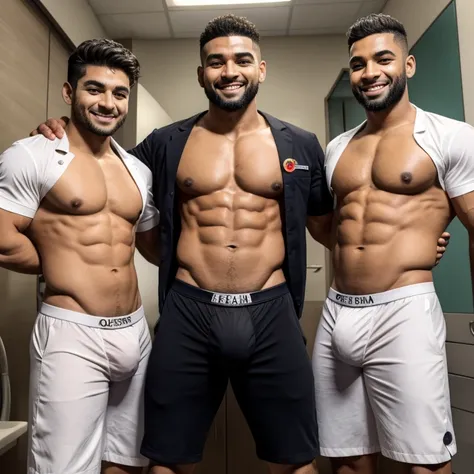 3 Doctores negros guapos, que se les vean los boxers, de pie, musculosos, that their faces are obligatory to be seen and that they have a large bulge in their crotch and each one is touching it. que esten sonriendo, ojos de color grises. Que usen medical i...