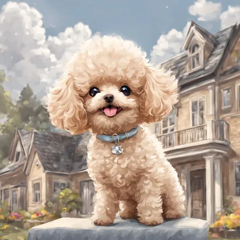 In front of the house,Toy poodle raising its hand,In 2D chibi art style, masutepiece, Best Quality,