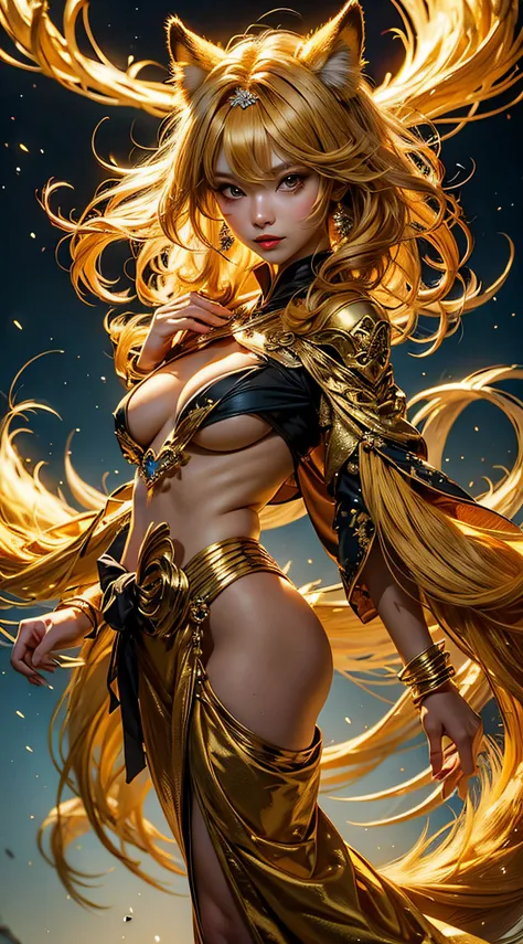 golden nine-tailed fox girl, (Bright golden hair), ((Big hair)), 二重まぶた, Perfect figure, lovely face, Perfect Skin, Golden Eyes, princess of spirits, Golden Age