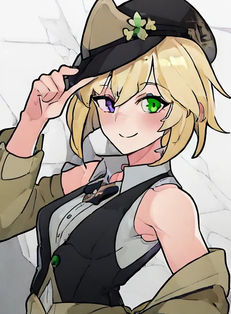 (highest quality, amazing details: 1.25), (1girl:1.5), smiling, blonde hair, two shades of blonde hair, casual wear, brown left eye, green right eye, heterochromia eyes, flat chest, fedora hat, white tank top, very small breasts, sideswept bang, black wais...