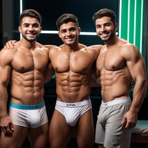 3 doctores adolescentes guapos, que se les ven los boxers, de pie, musculosos, que sus caras son obligatorias de ver y que tienen un gran bulto en la entrepierna y cada uno tocando el bulto de su entrepierna con la mano es obligatorio. que esten sonriendo,...