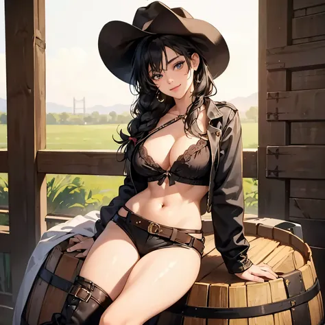 1girl in,Sexy cowgirl sitting on a barrel and staring at me,Very cute,black hair braid,ssmile,tre anatomically correct,Precise fingers,Slender but big breasts,a navel,thin and beautiful legs,Sexy cowgirl,Western Boots,photorealisim,​masterpiece,Western dra...