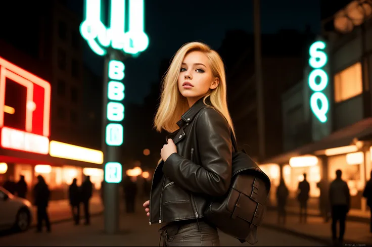 Blonde girl, in a leather jacket. Realistic city background, mansions, neonlight