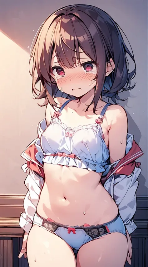 masutepiece, Best Quality,Illustration, Wallpaper, Ultra Detail, Little Face Lori、(((molesting)))、((fear:1.3))、(Teary-eyed:1.5)、(((Cute underwear)))、ample breasts、Cherry-colored nipples